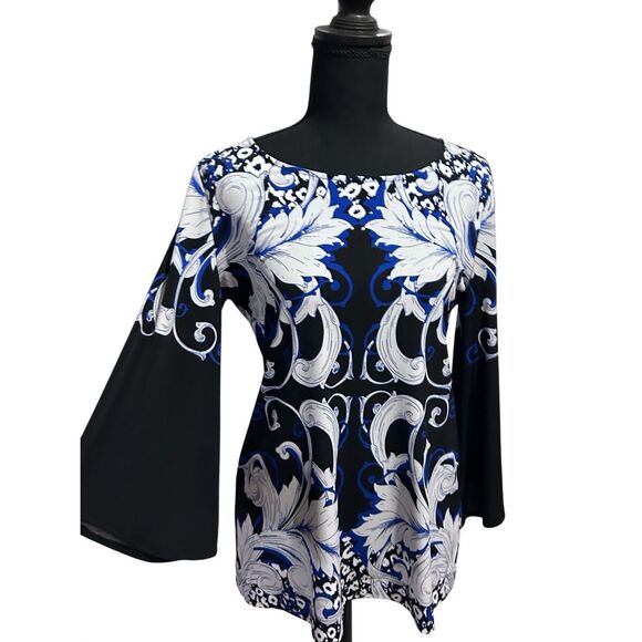 Alfani Tunic Top Size S Blue White Black Print Bell Sleeve Zip Back - Picture 1 of 10